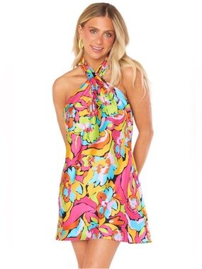 Show Me Your Mumu Jasmine Halter Mini Dress in Flash Dance Floral Satin, Size